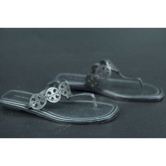 Tory Burch Miller Tiny Black Leather Thong Sandals SZ 7.5 $235 Logo Flip Flop - Picture 4 of 9